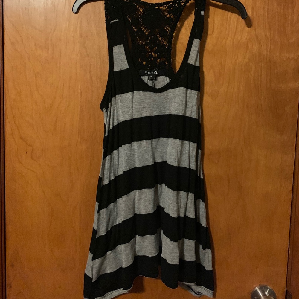 Black and gray striped tank with lace back.